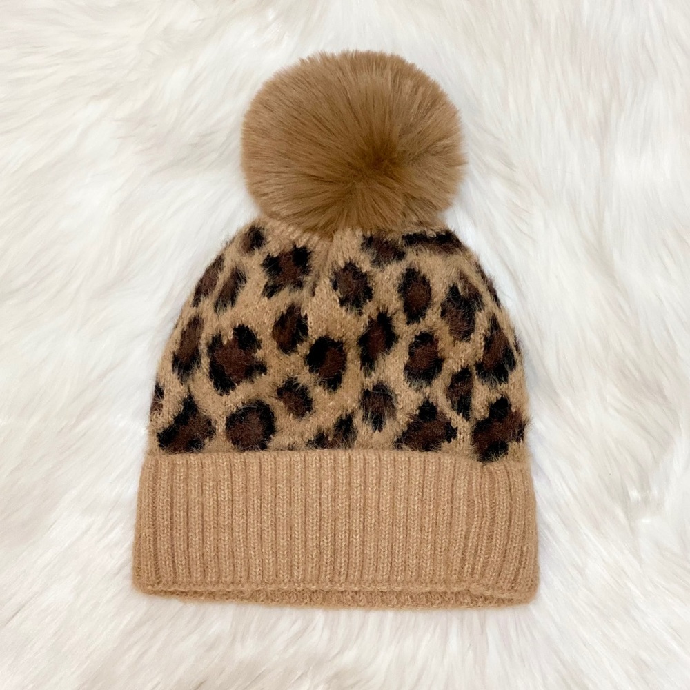 Cheetah Print Pom Pom Soft Acrylic Beanie - Picture 2 of 7